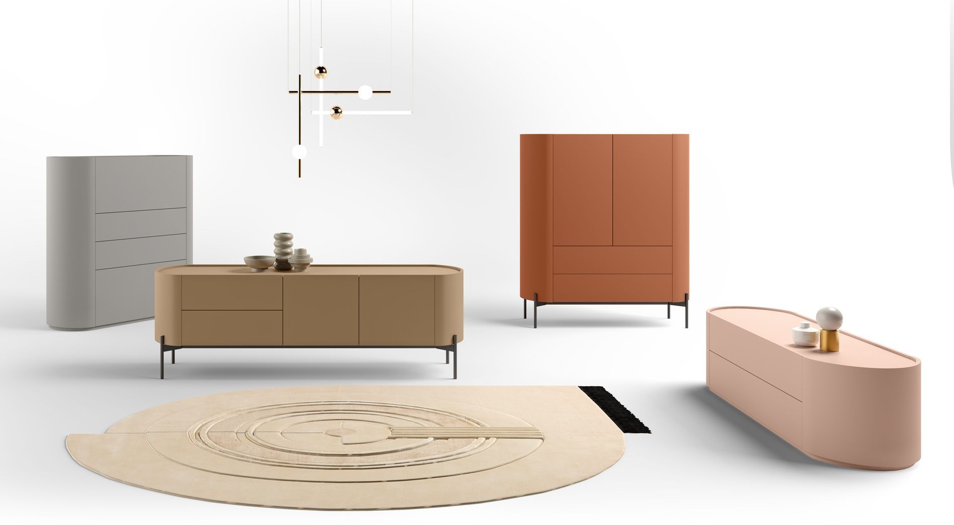 Set di mobili moderni: armadi, un tappeto e una lampada in uno studio bianco.