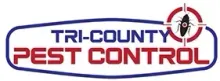 Logo for Tri-County Pest Control featuring blue text, red text, and a cockroach icon inside a red target reticle.