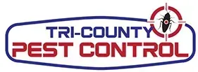 Logo for Tri-County Pest Control featuring blue text, red text, and a cockroach icon inside a red target reticle.