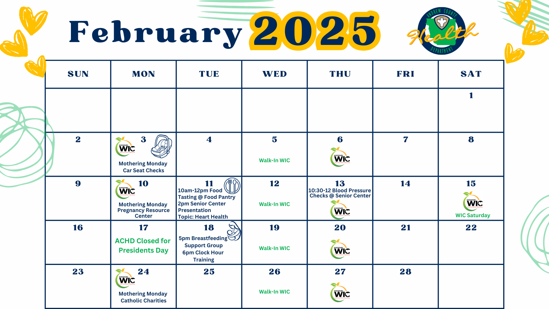 A calendar for february 2025 with a globe and hearts on it.