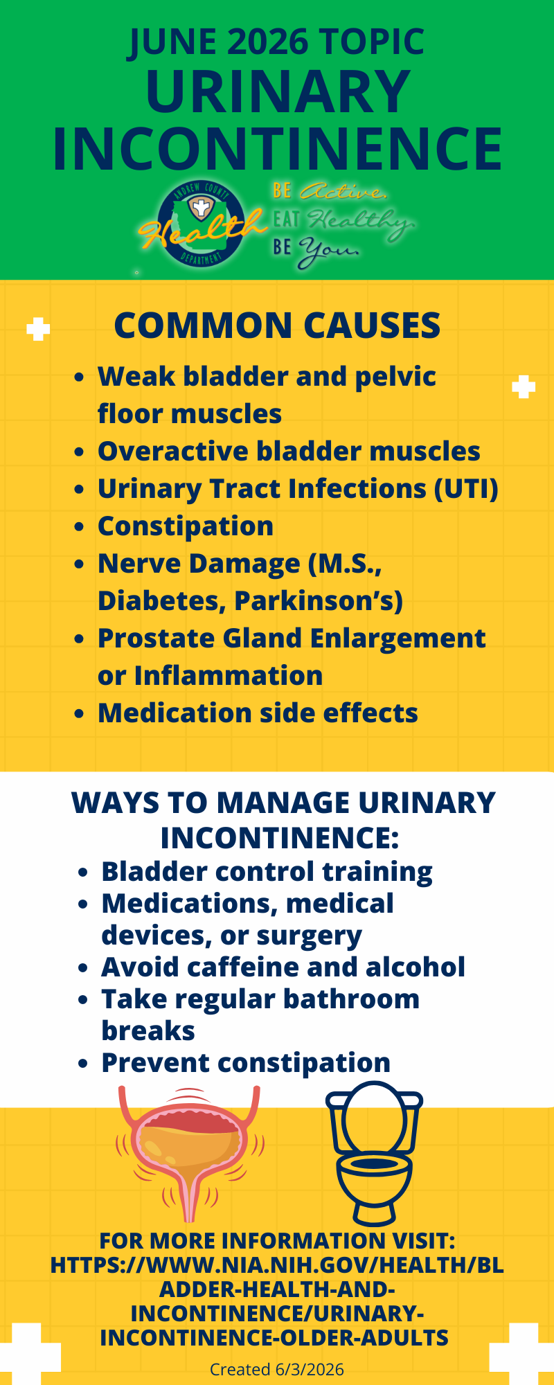 An educational graphic about the June 2026 topic: Urinary Incontinence.