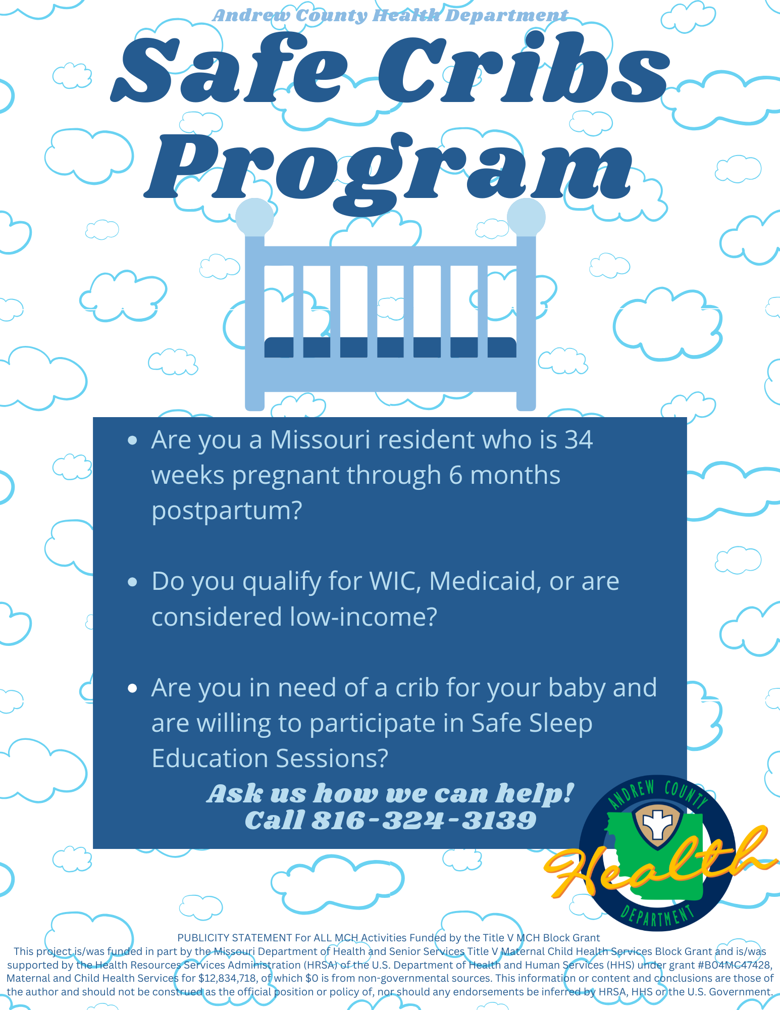 A blue and white poster for a safe cribs program