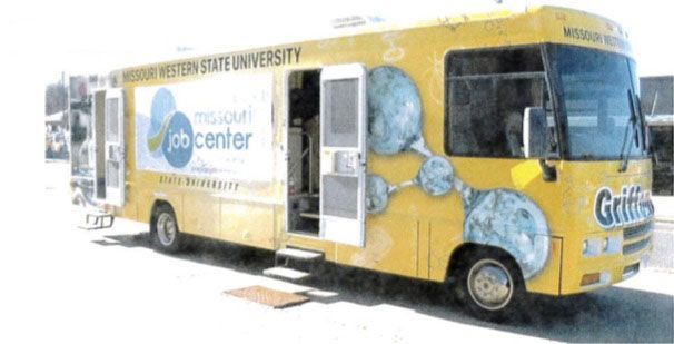 A yellow bus that says job center on the side