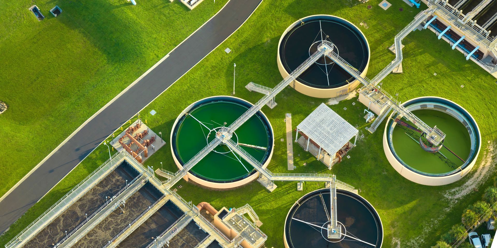 An aerial view of a sewage treatment plant.