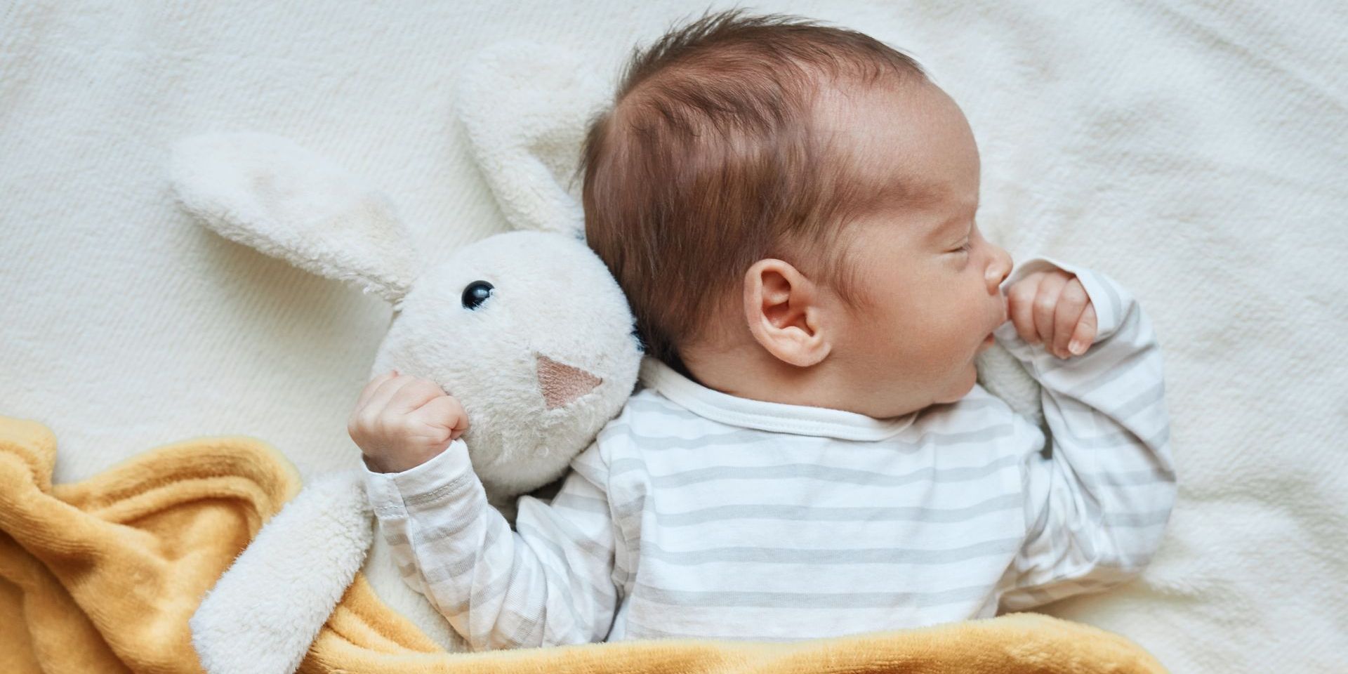 A newborn baby is sleeping with a stuffed bunny rabbit.