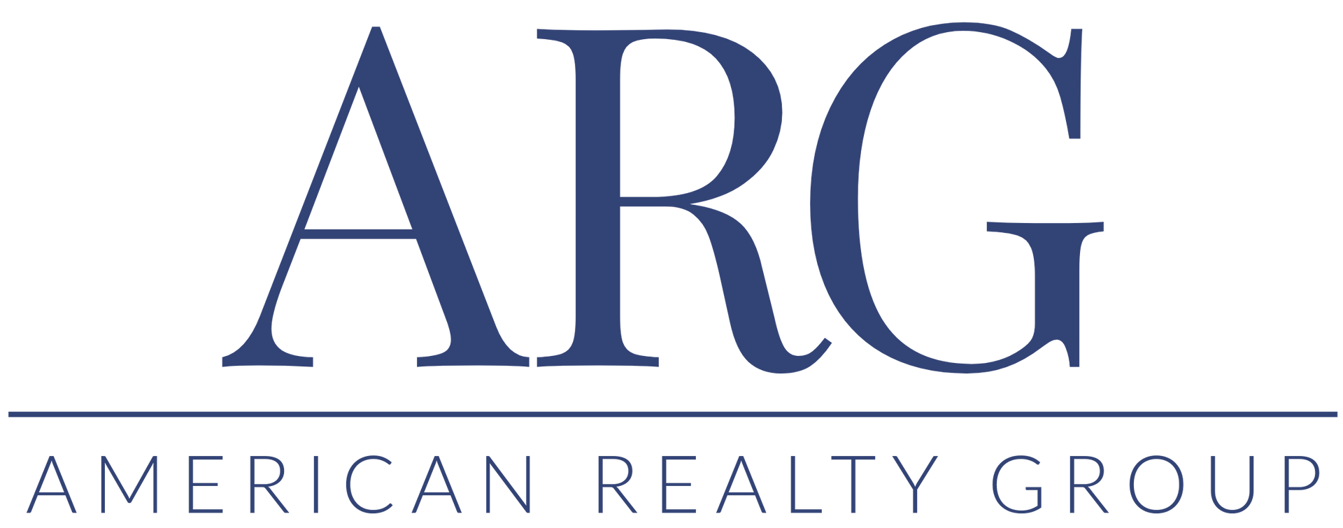 The logo for the american realty group is blue and white.