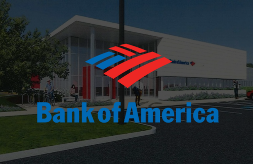 A bank of america logo is displayed in front of a building