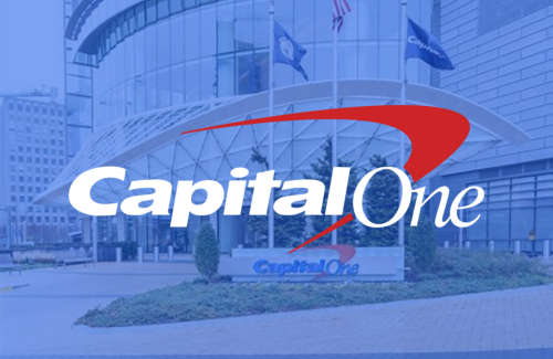 The capital one logo is on a blue background