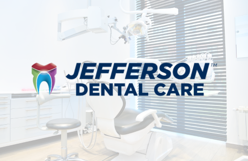The logo for jefferson dental care shows a dental chair in a dental office.