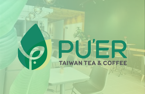 A logo for puer taiwan tea and coffee with a picture of a restaurant in the background.