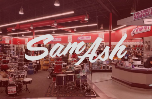 The inside of a sam fish store with a red background