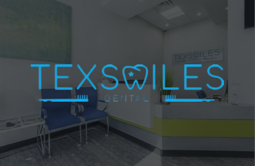 A waiting room with chairs and a sign that says tex smiles dental