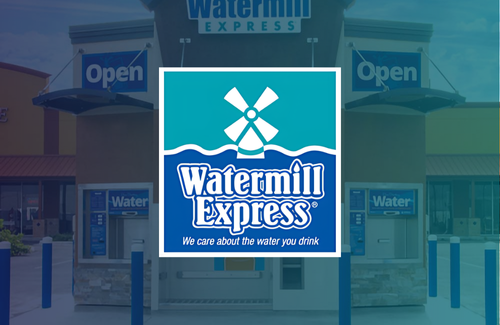 The logo for watermill express is on a blue background