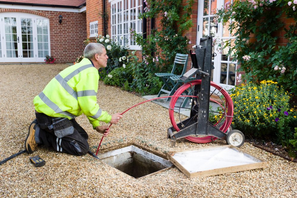 A man is kneeling down in front of a house while using a camera to look into a drain.