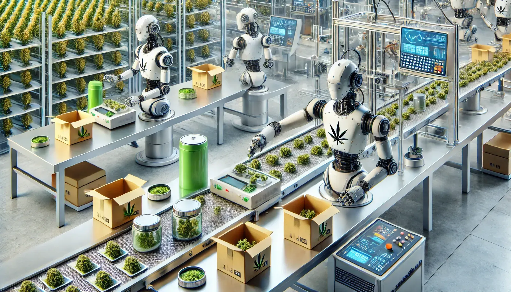 Robots packaging cannabis products in a high-tech facility. Advanced robotics efficiently handle various stages of cannabis packaging, from placing buds into containers to sealing and labeling. The image showcases innovation and technology in the cannabis industry, highlighting modern automated packaging solutions, cannabis processing, and state-of-the-art production environments at Terra Vita Holdings.