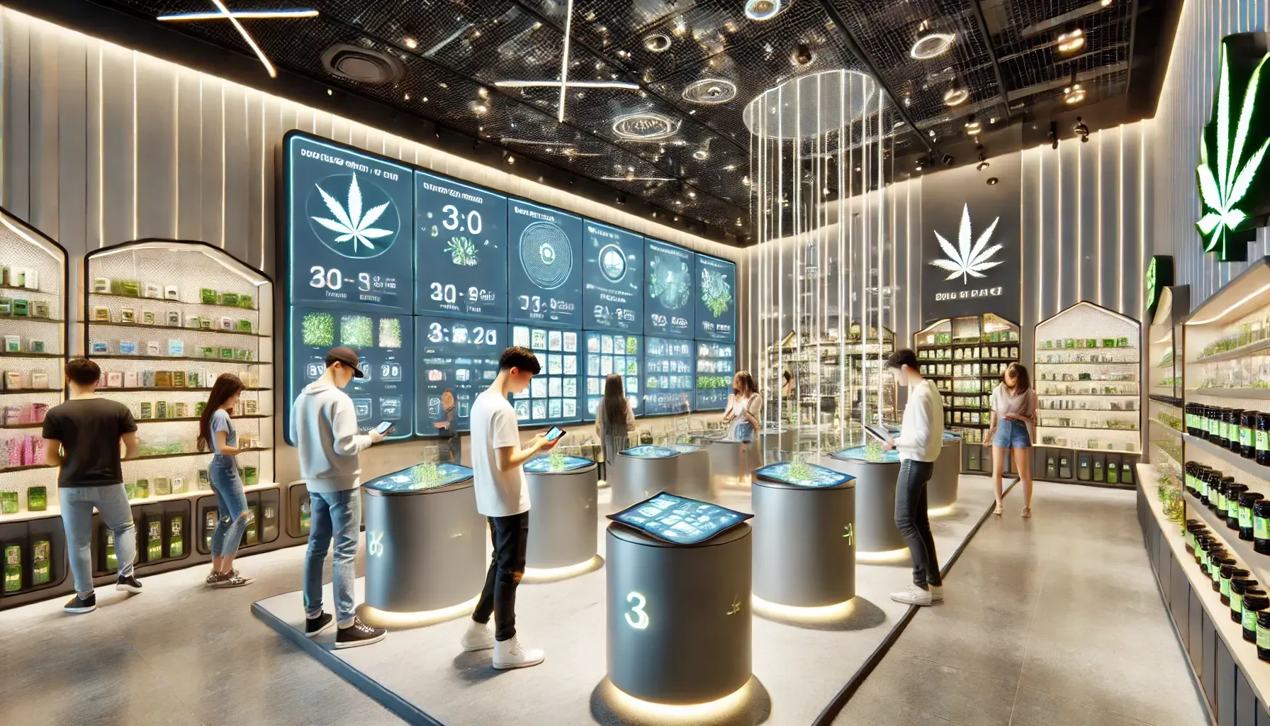 Futuristic cannabis retail store by Terra Vita Holdings featuring high-tech elements, interactive digital displays, eco-friendly products, and educational areas with knowledgeable staff, reflecting the latest trends and advancements in the cannabis industry