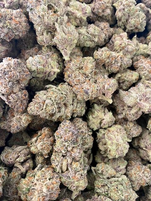 Close-up of trimmed cannabis buds, showcasing dense, resin-coated nugs with purple hues, ready for packaging and sale.