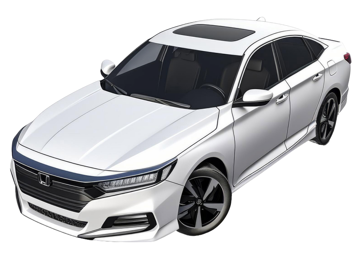 White sedan car with black wheels and a sunroof.