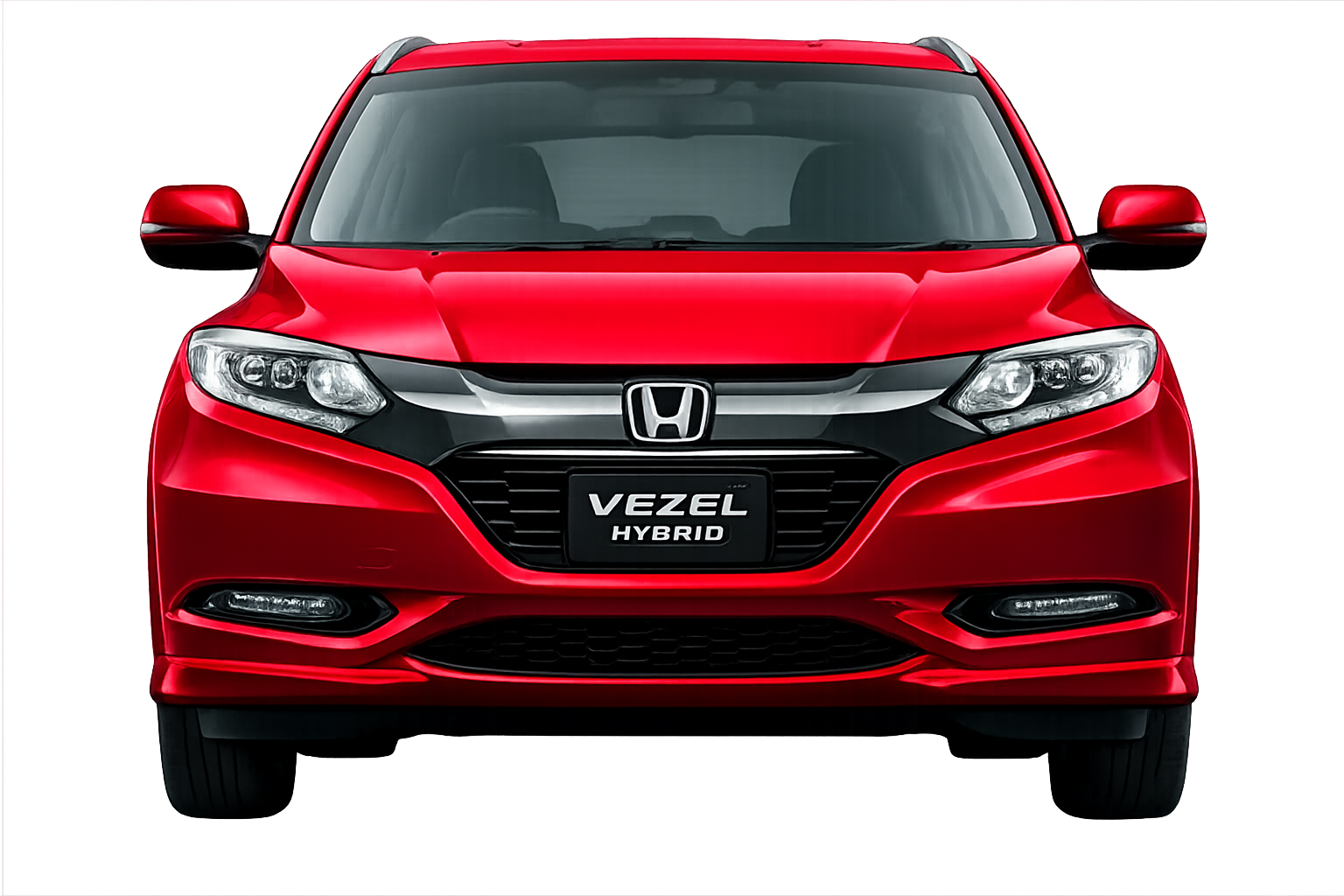 Red sedan, front view, black grill, silver accents.