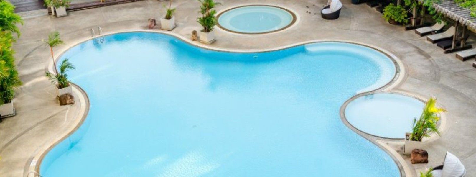An overhead view of a curved, blue swimming pool with a separate circular hot tub on a paved deck with potted plants.