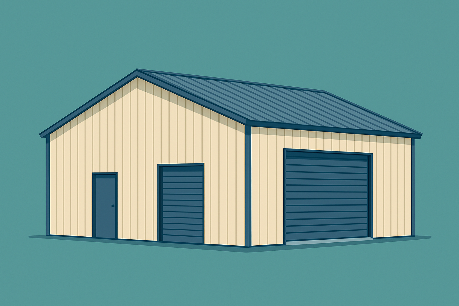 Illustration of a beige and blue metal building with a gable roof, walk door, and two overhead garag