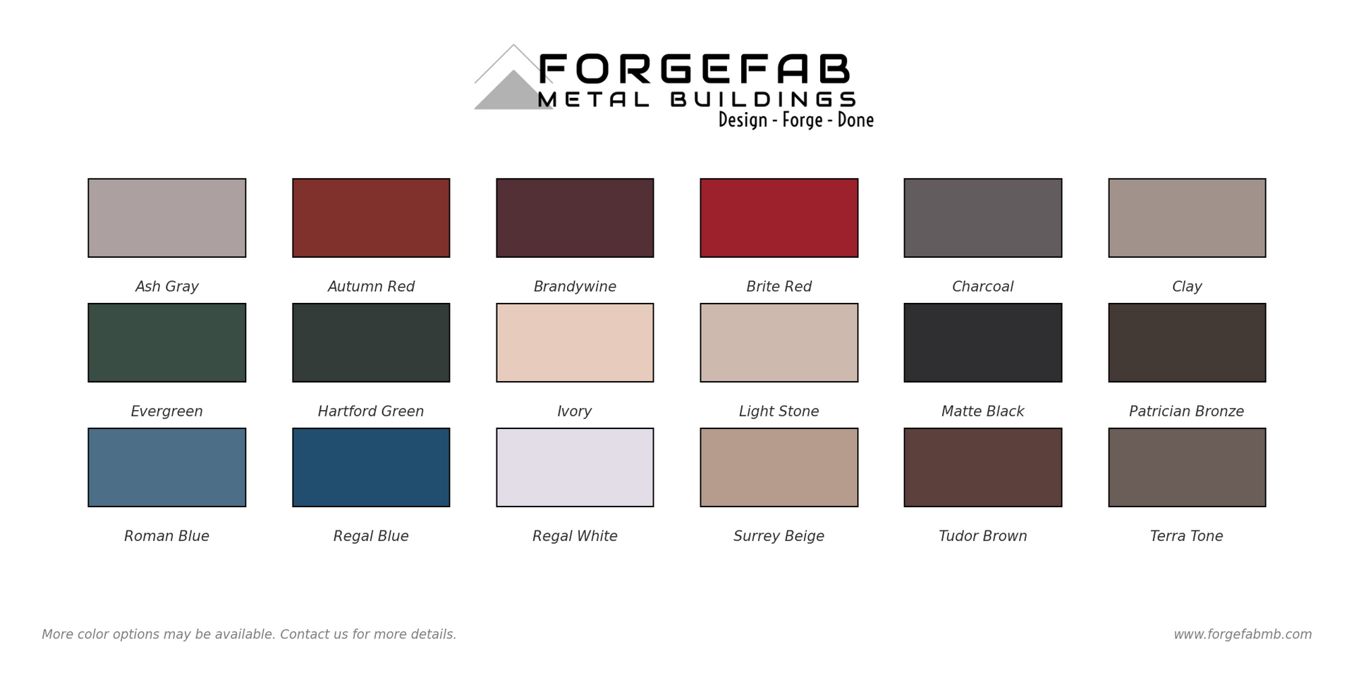 ForgeFab Metal Buildings standard color chart featuring 18 panel color options in a 6 by 3 grid layout with labeled swatches and company branding