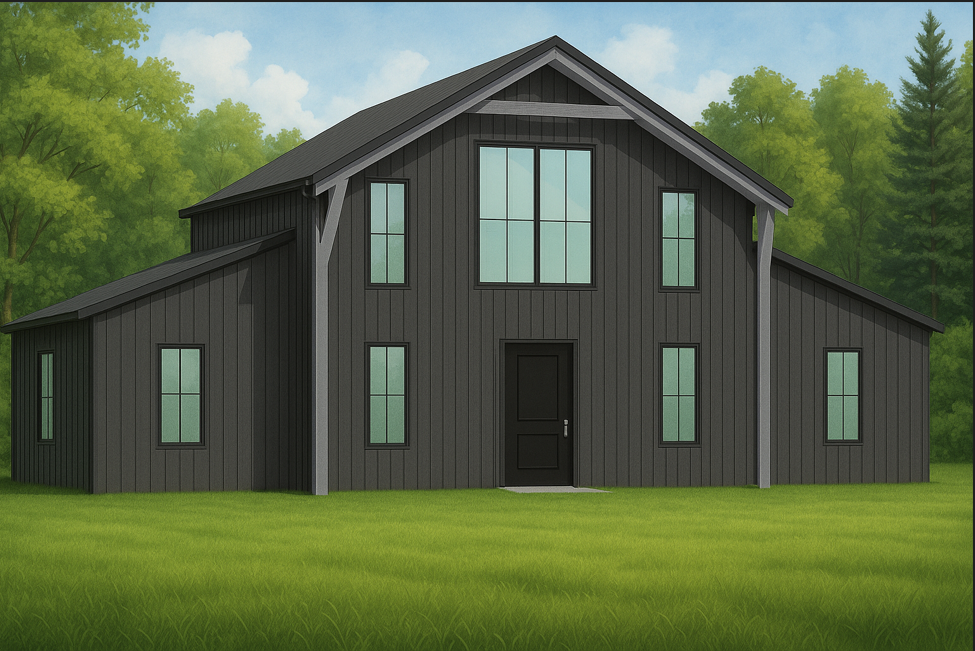 The Blackridge barndominium with front porch, cathedral ceilings, and over 2,000 sq ft of living space