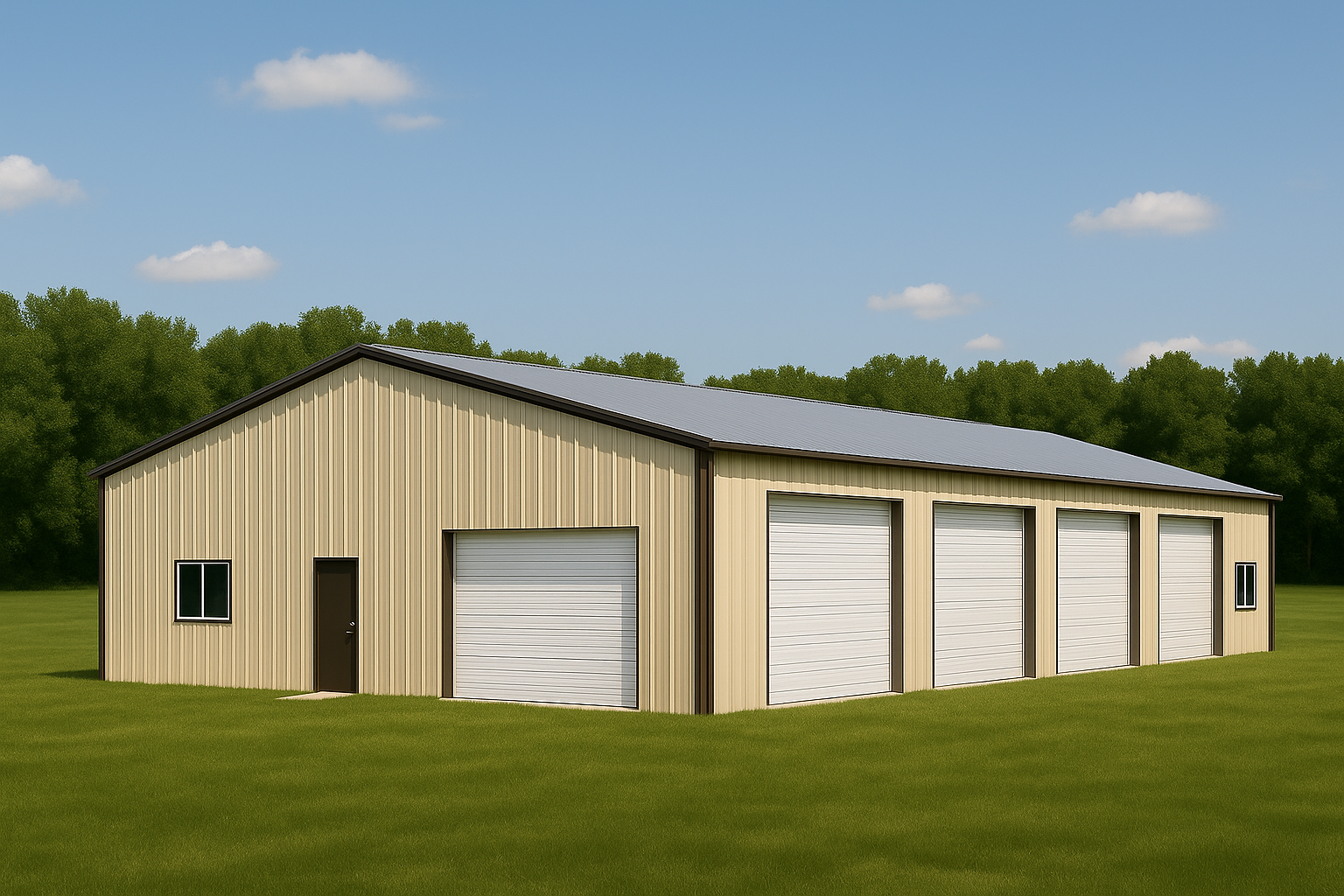 The C-Suite commercial metal building with four 14x14 roll-up doors, walk door, and office window