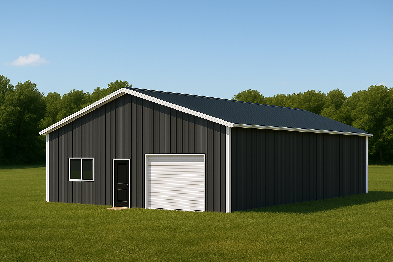 The Prairie agricultural storage building with gable roof, roll-up door, and open rural setting