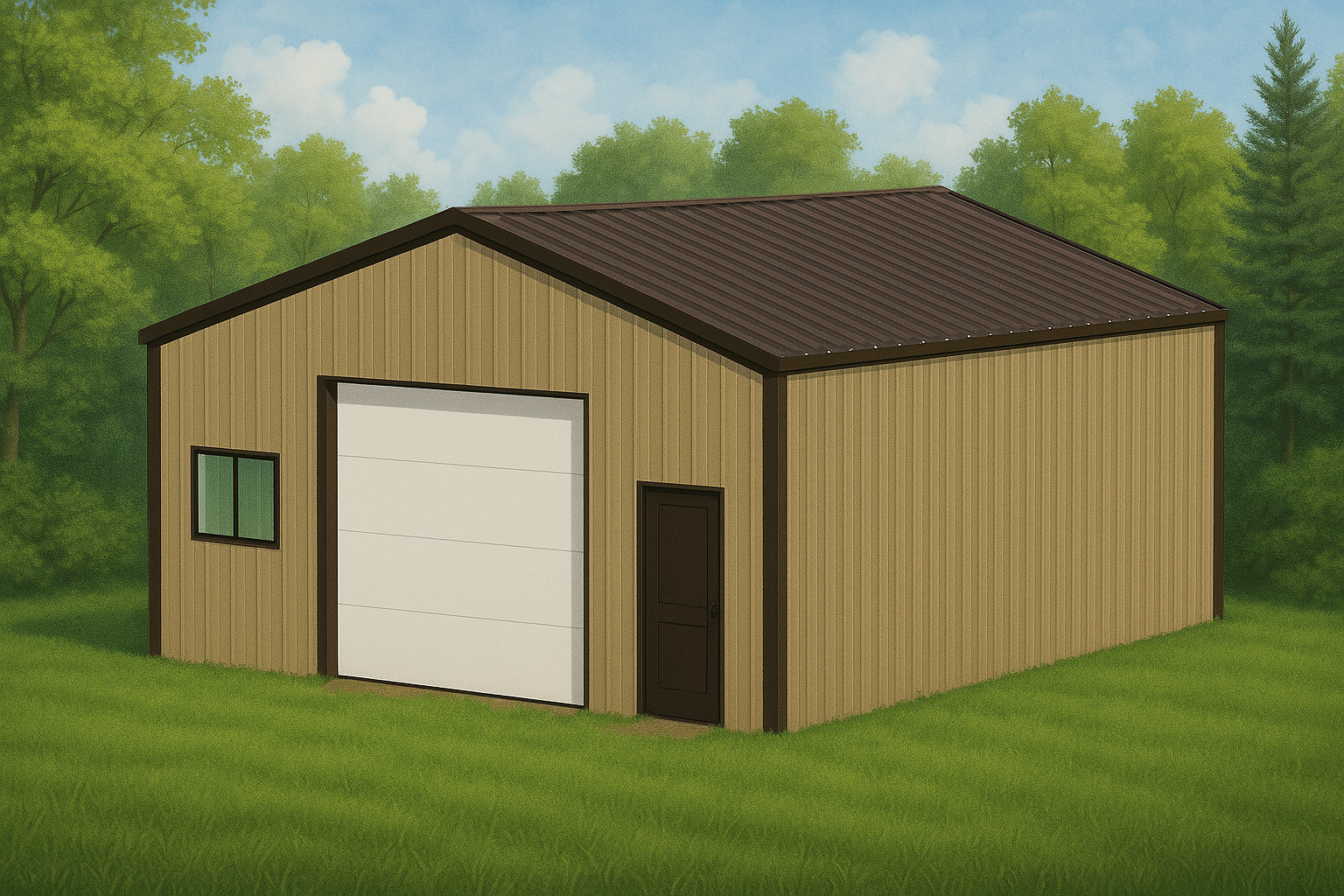 The Workhorse metal backyard shop with roll-up door, walk door, and durable gable roof