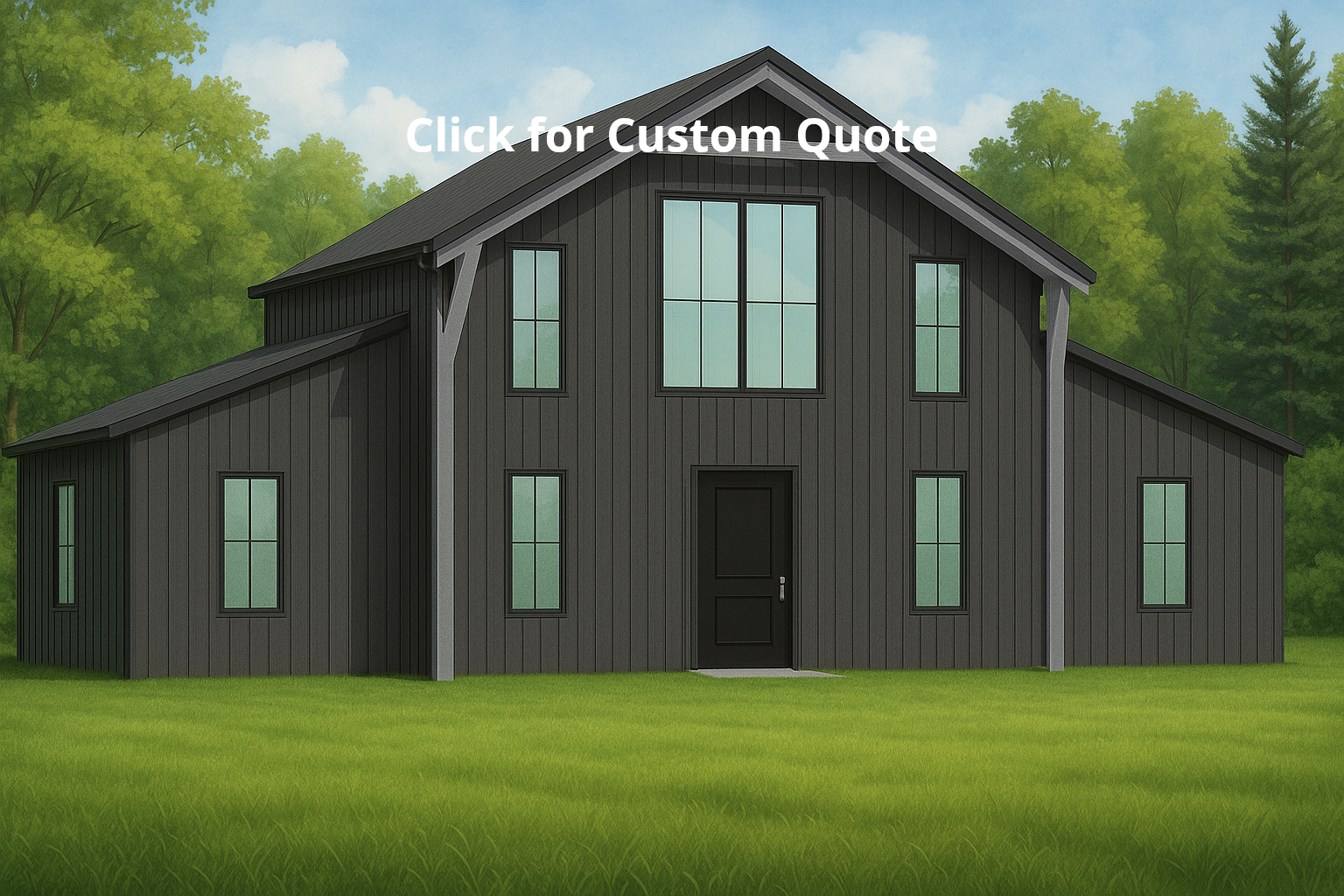 barndominium with gable extension. features black roofing and siding with adequate windows for natural lighting
