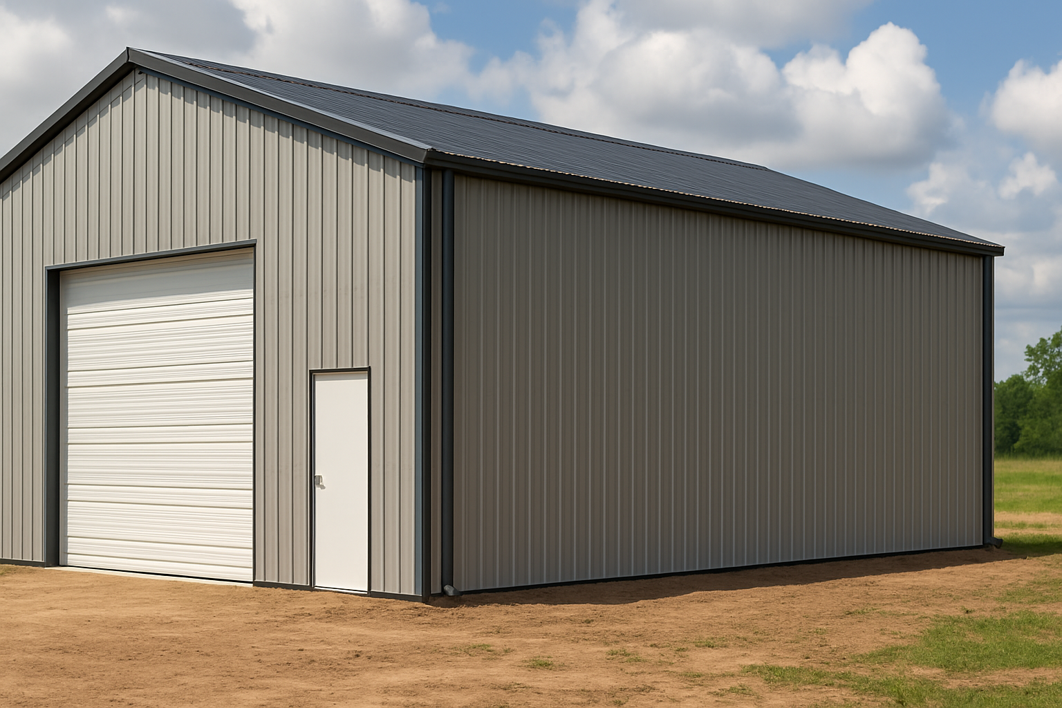 View of a modern metal building with garage and walk-in doors in a rural setting. A large metal building with vertical panel siding, a white roll-up garage door, and a walk-in door, set on a dirt lot with grassy fields and a blue sky in the background.