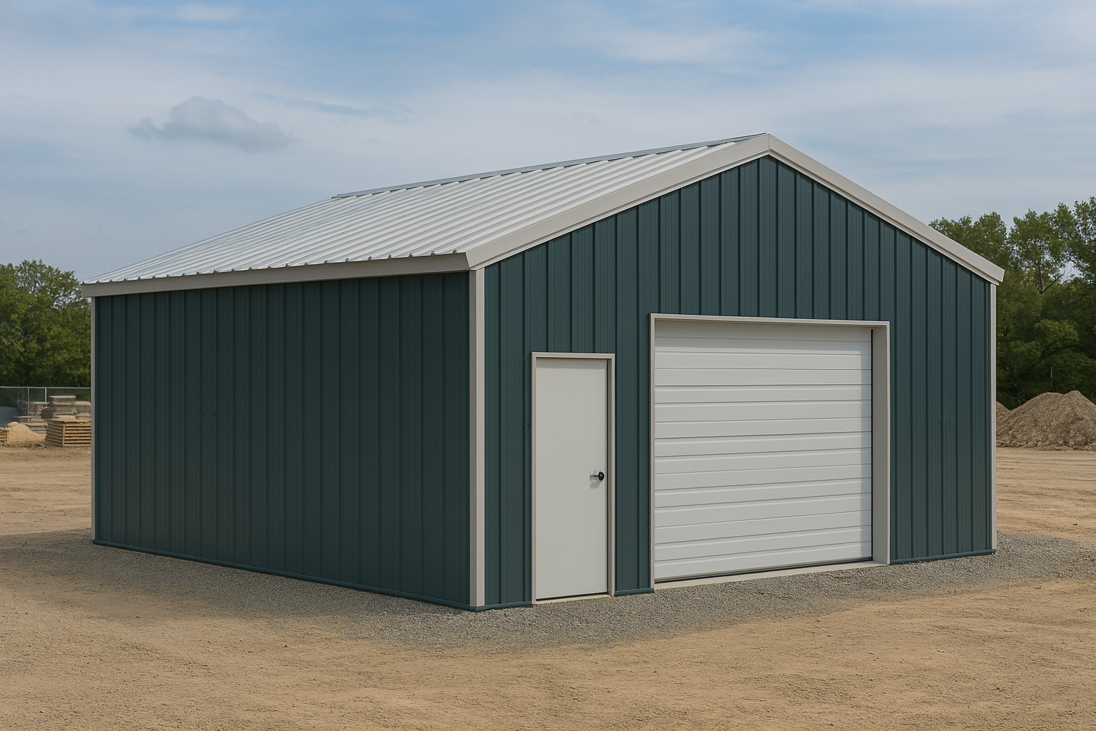 ForgeFab commercial cold-formed metal building with deep teal walls and light roof