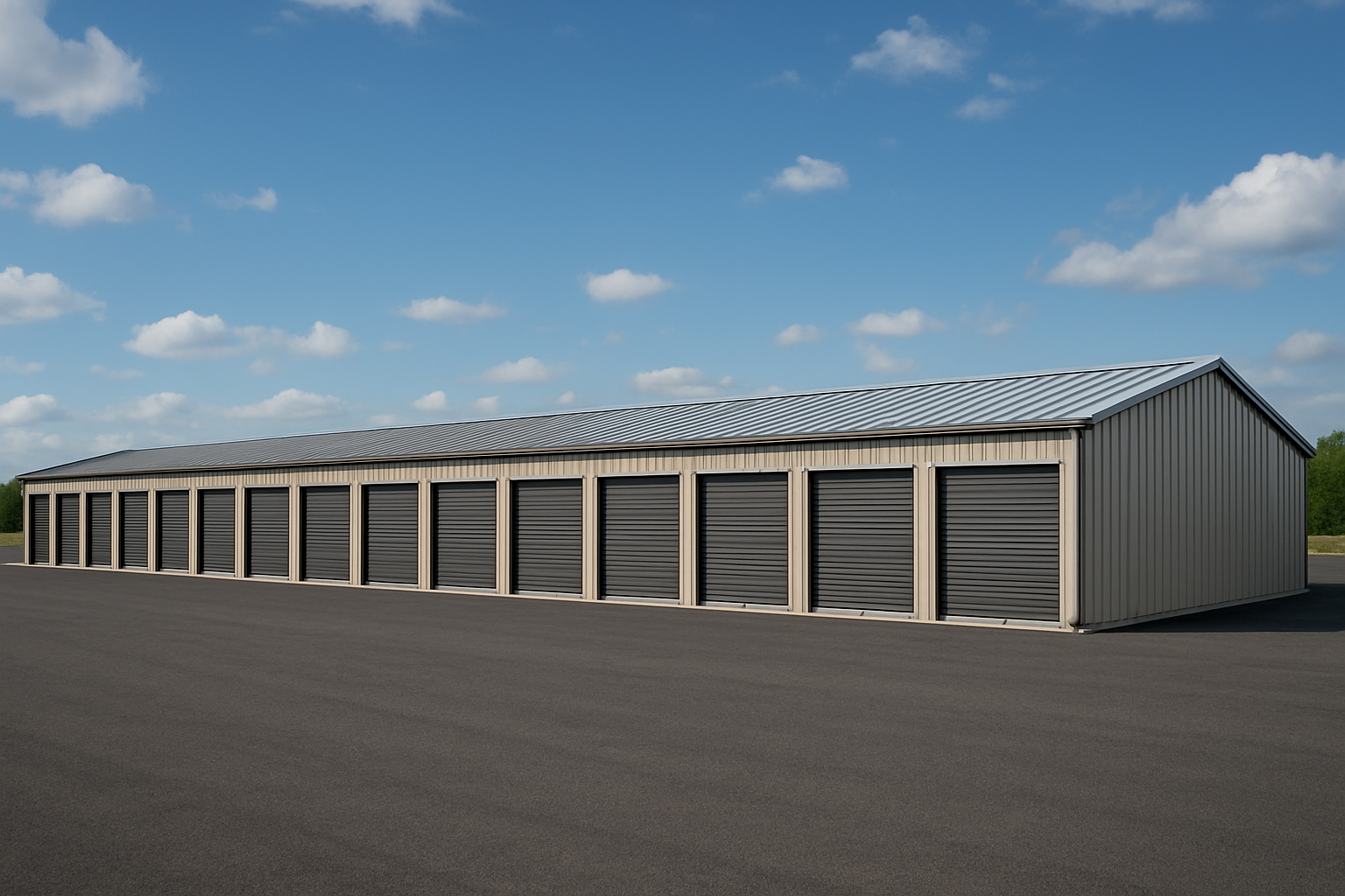 ForgeFab S300 StoreMax 20x100x9 self-storage row with multiple roll-up doors