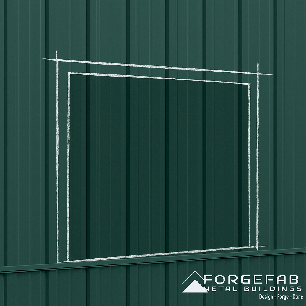 Green metal building wall with hand-drawn construction sketch lines outlining a temporary access opening, styled in ForgeFab branding.