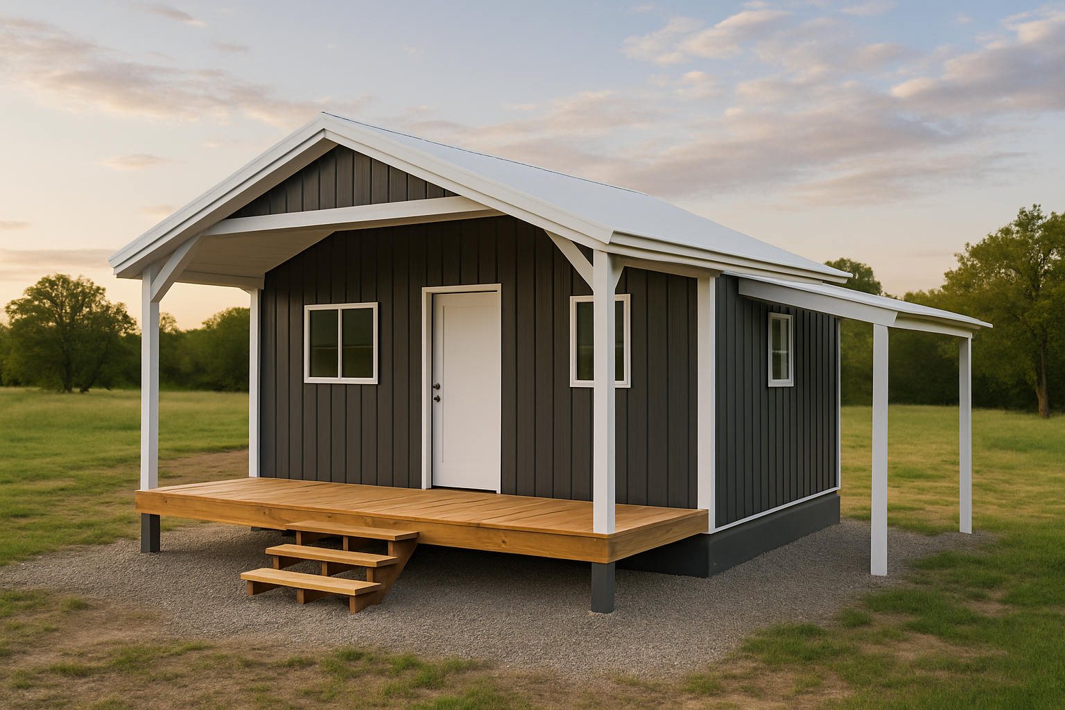 Explore the possibilities of tiny living with a durable metal building home A modern metal building tiny home with front porch and lean-to, set in a natural outdoor landscape under a clear sky