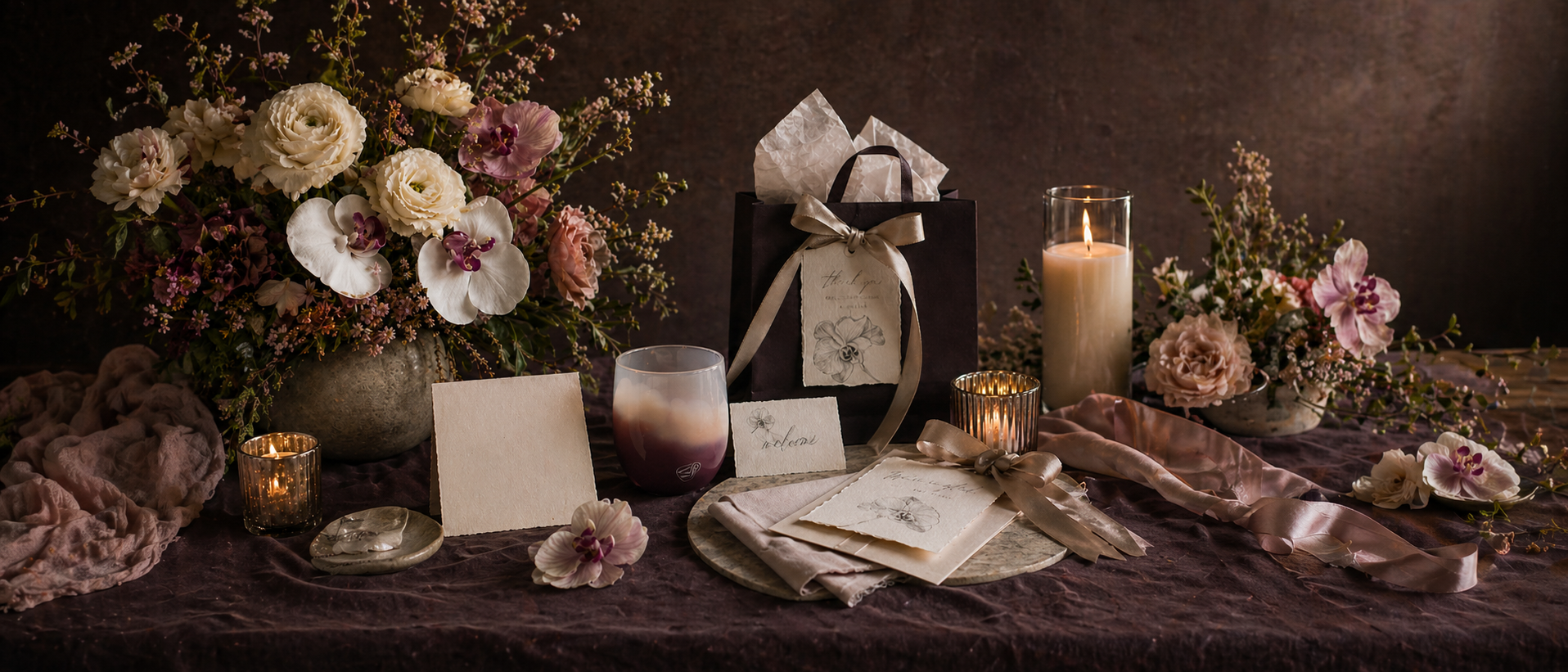 Romantic event welcome display with orchids, candlelight, custom gifts, favors, and drinkware
