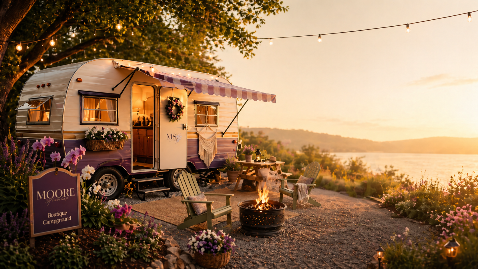 Boutique campground scene with a vintage camper in Moore Studios colors