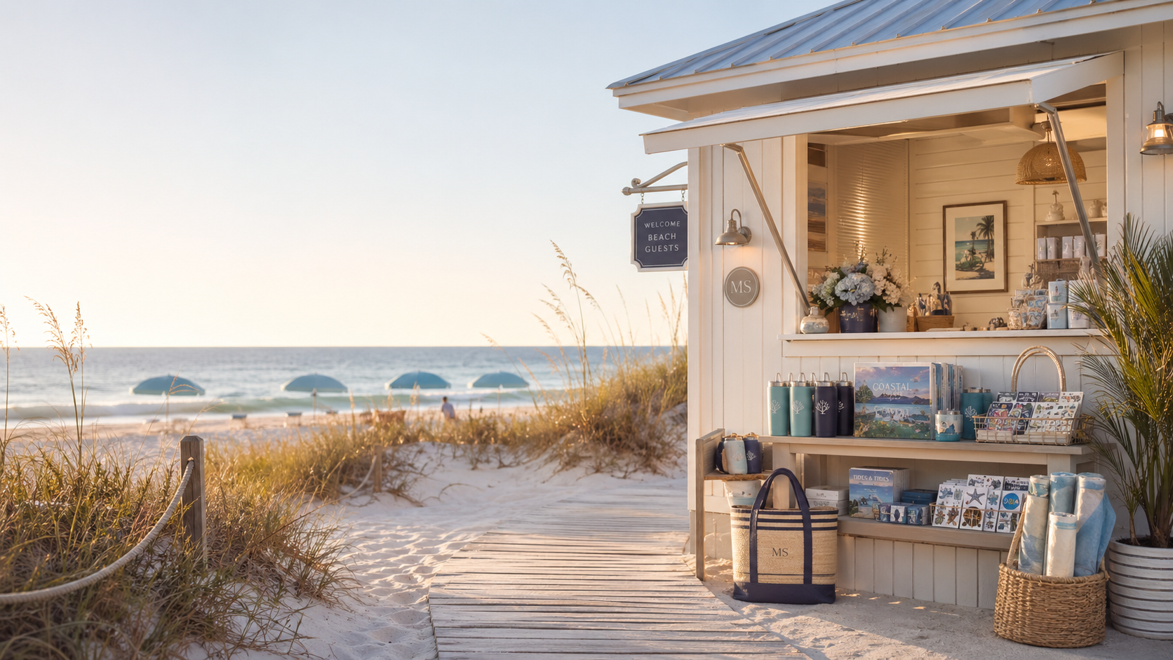 Coastal beach rental retail scene with oceanfront shopping details
