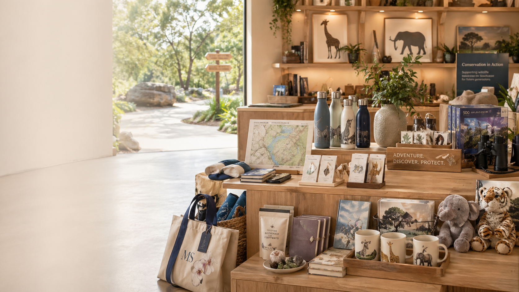 Zoo, nature center, or wildlife attraction gift shop retail scene