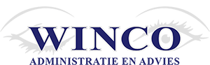 A blue and white logo for winco administratie en advies