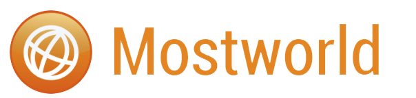 Een logo voor mostworld met een oranje cirkel eromheen