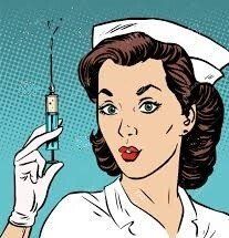 1940's nurse testing a loaded syringe in the air wearing a quizzical look