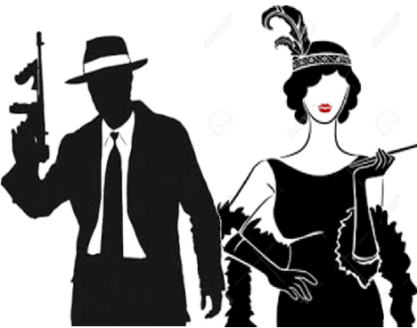 Silhouetted gangster with machine gun accompanied by his moll in feather boa
