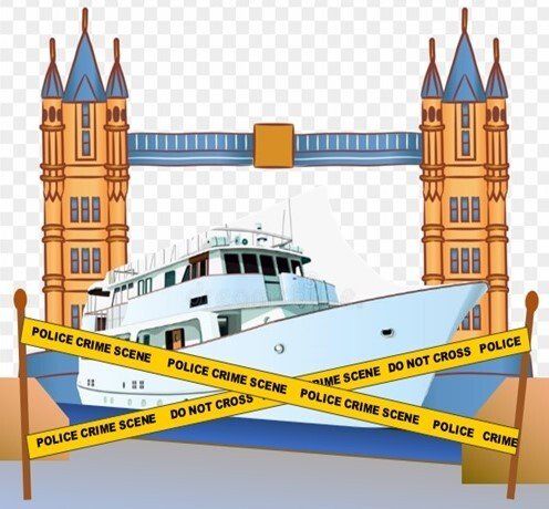 Impounded motor yacht in front of London's Tower Bridge.  Sealed with 'do not cross' tapes.