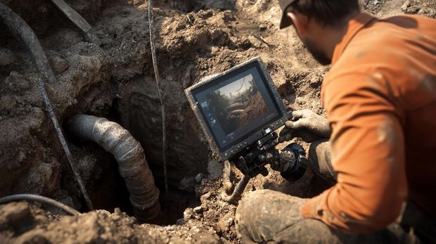 A man is kneeling in the dirt looking at a camera.