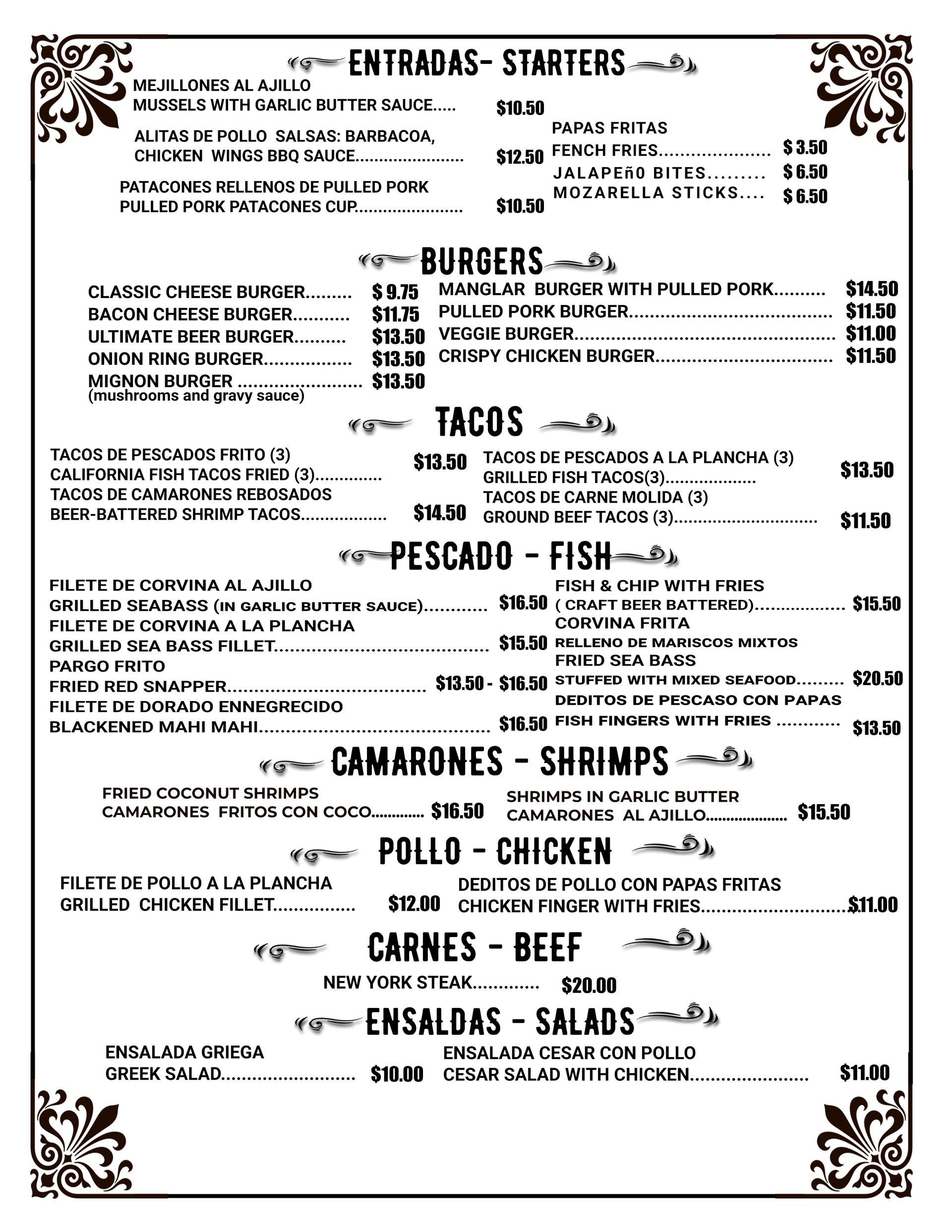 Manglar Lodge el palmar san carlos Menu
