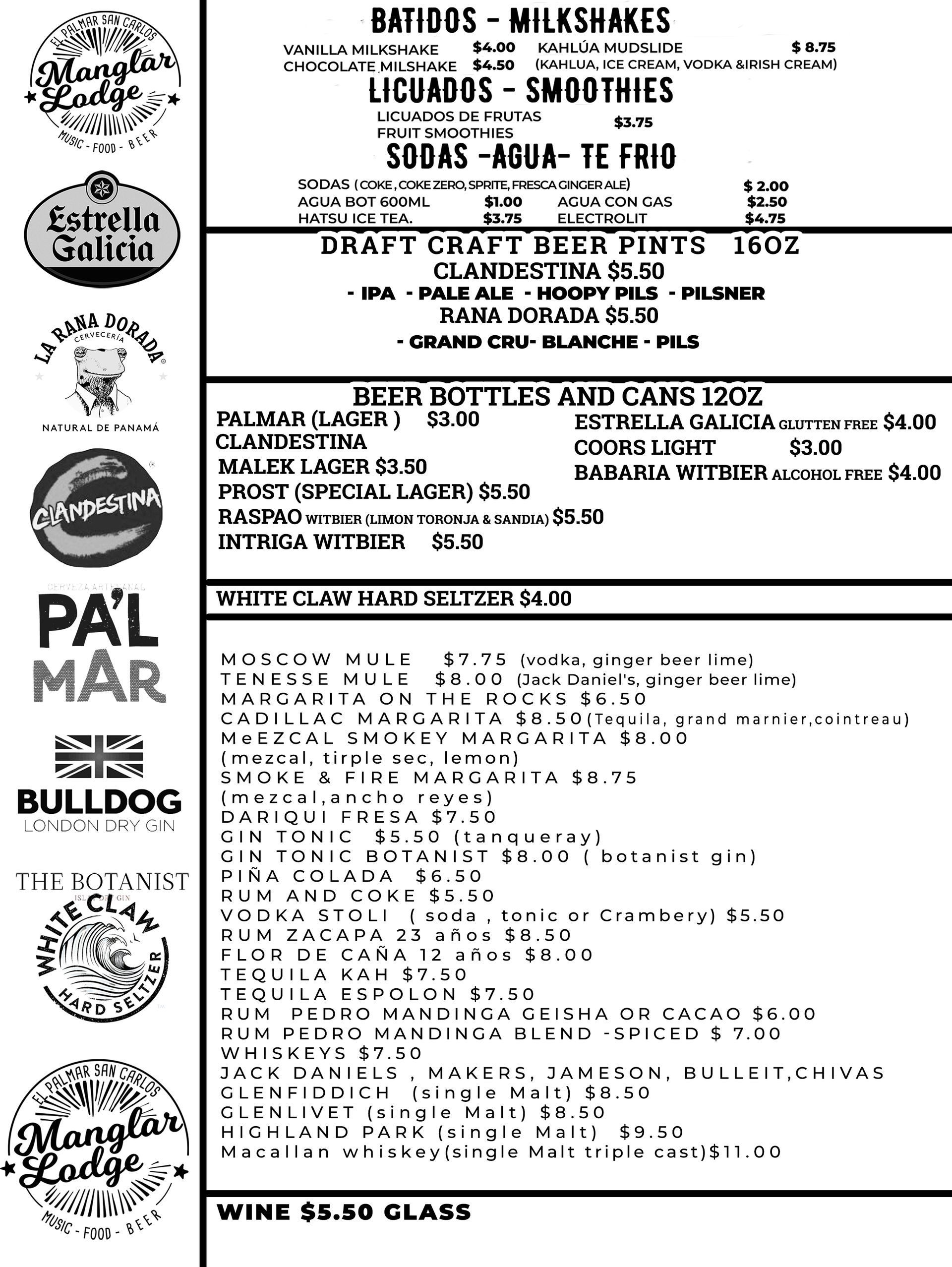 Manglar Lodge el palmar san carlos Menu