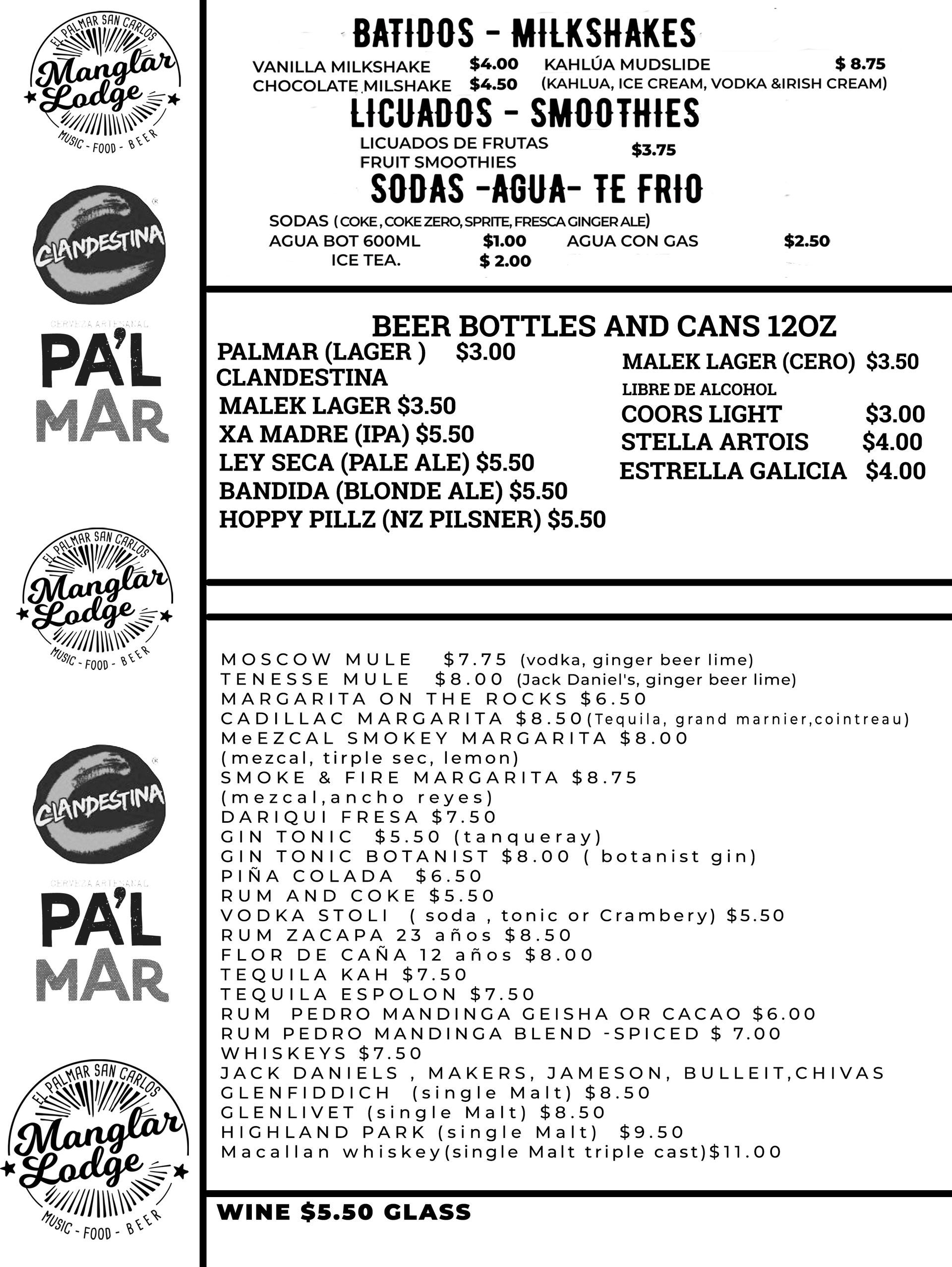 Manglar Lodge el palmar san carlos Menu