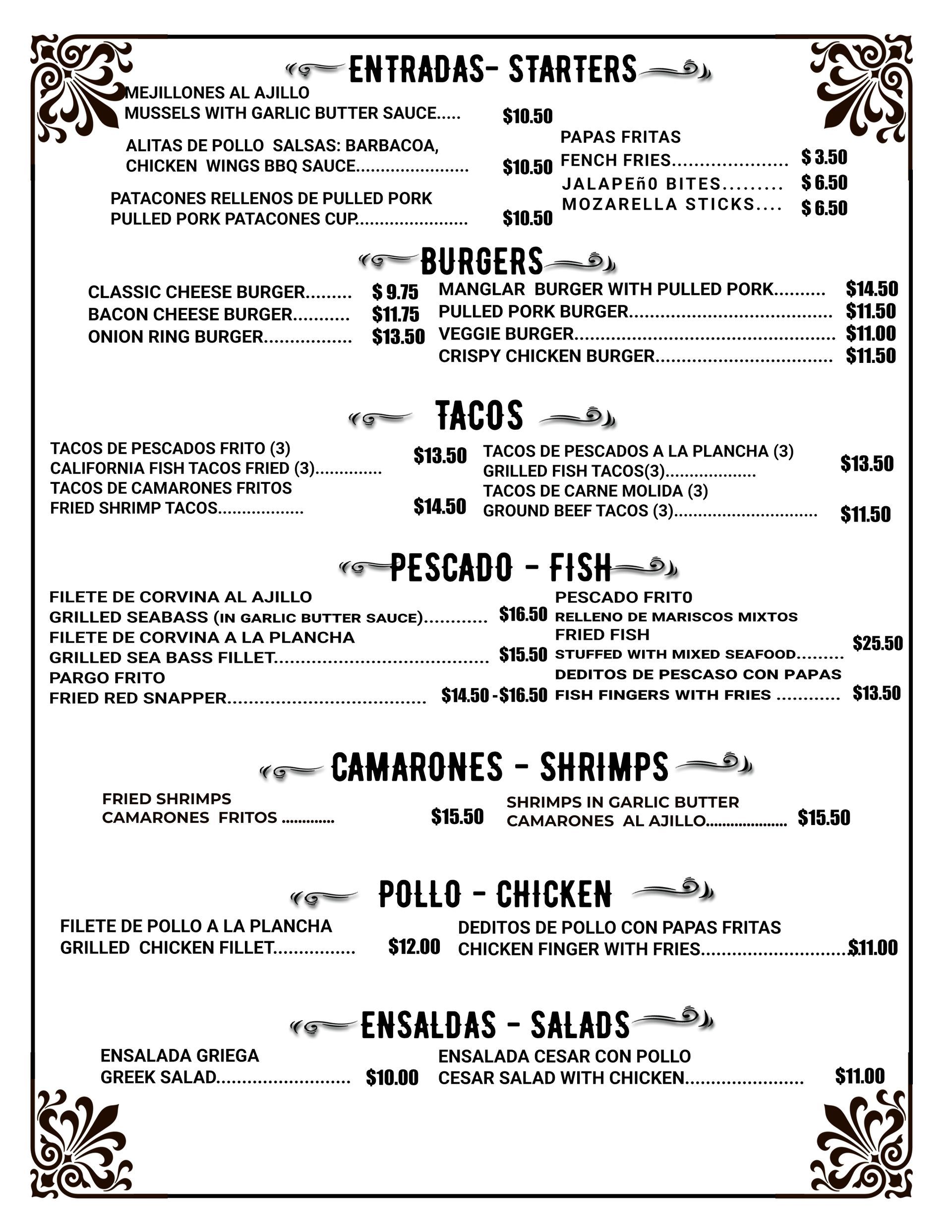 Manglar Lodge el palmar san carlos Menu